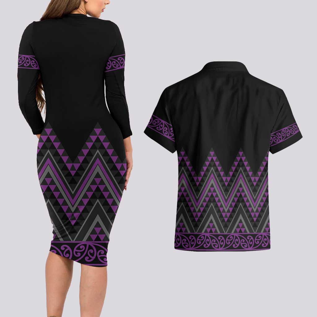 Purple Aotearoa Mangopare Kowhaiwhai and Niho Taniwha Couples Matching Long Sleeve Bodycon Dress and Hawaiian Shirt Maori New Zealand LT14 - Polynesian Pride