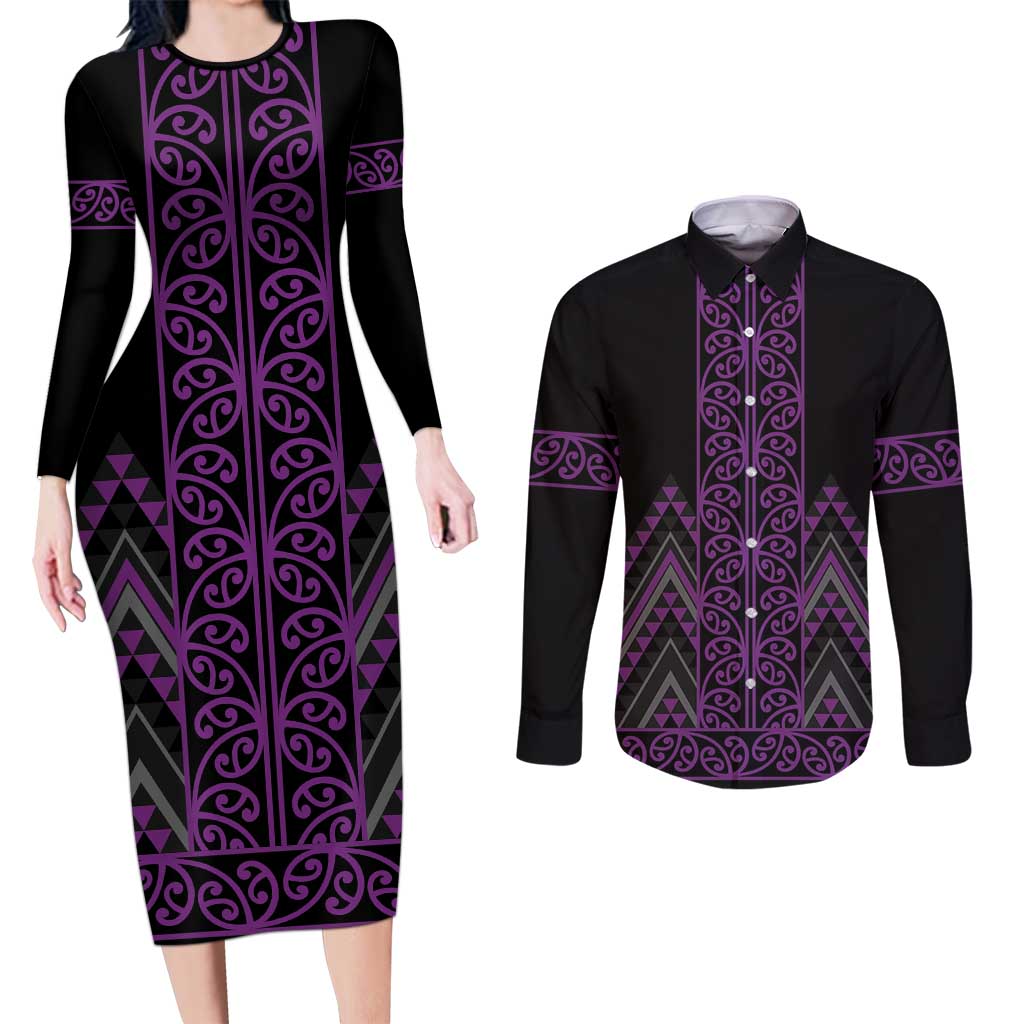 Purple Aotearoa Mangopare Kowhaiwhai and Niho Taniwha Couples Matching Long Sleeve Bodycon Dress and Long Sleeve Button Shirt Maori New Zealand LT14 Purple - Polynesian Pride