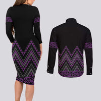 Purple Aotearoa Mangopare Kowhaiwhai and Niho Taniwha Couples Matching Long Sleeve Bodycon Dress and Long Sleeve Button Shirt Maori New Zealand LT14 - Polynesian Pride