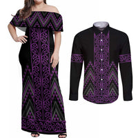 Purple Aotearoa Mangopare Kowhaiwhai and Niho Taniwha Couples Matching Off Shoulder Maxi Dress and Long Sleeve Button Shirt Maori New Zealand LT14 Purple - Polynesian Pride