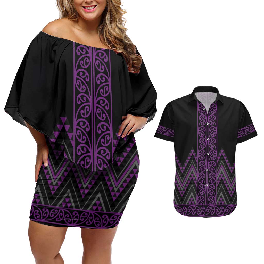 Purple Aotearoa Mangopare Kowhaiwhai and Niho Taniwha Couples Matching Off Shoulder Short Dress and Hawaiian Shirt Maori New Zealand LT14 Purple - Polynesian Pride