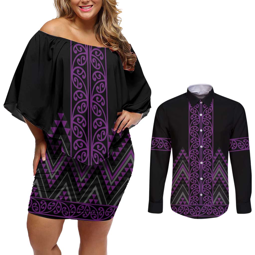 Purple Aotearoa Mangopare Kowhaiwhai and Niho Taniwha Couples Matching Off Shoulder Short Dress and Long Sleeve Button Shirt Maori New Zealand LT14 Purple - Polynesian Pride