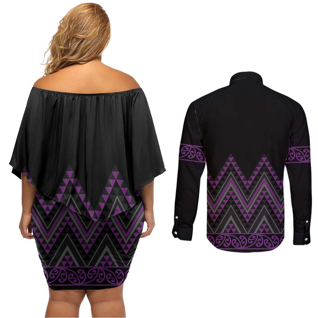 Purple Aotearoa Mangopare Kowhaiwhai and Niho Taniwha Couples Matching Off Shoulder Short Dress and Long Sleeve Button Shirt Maori New Zealand LT14 - Polynesian Pride
