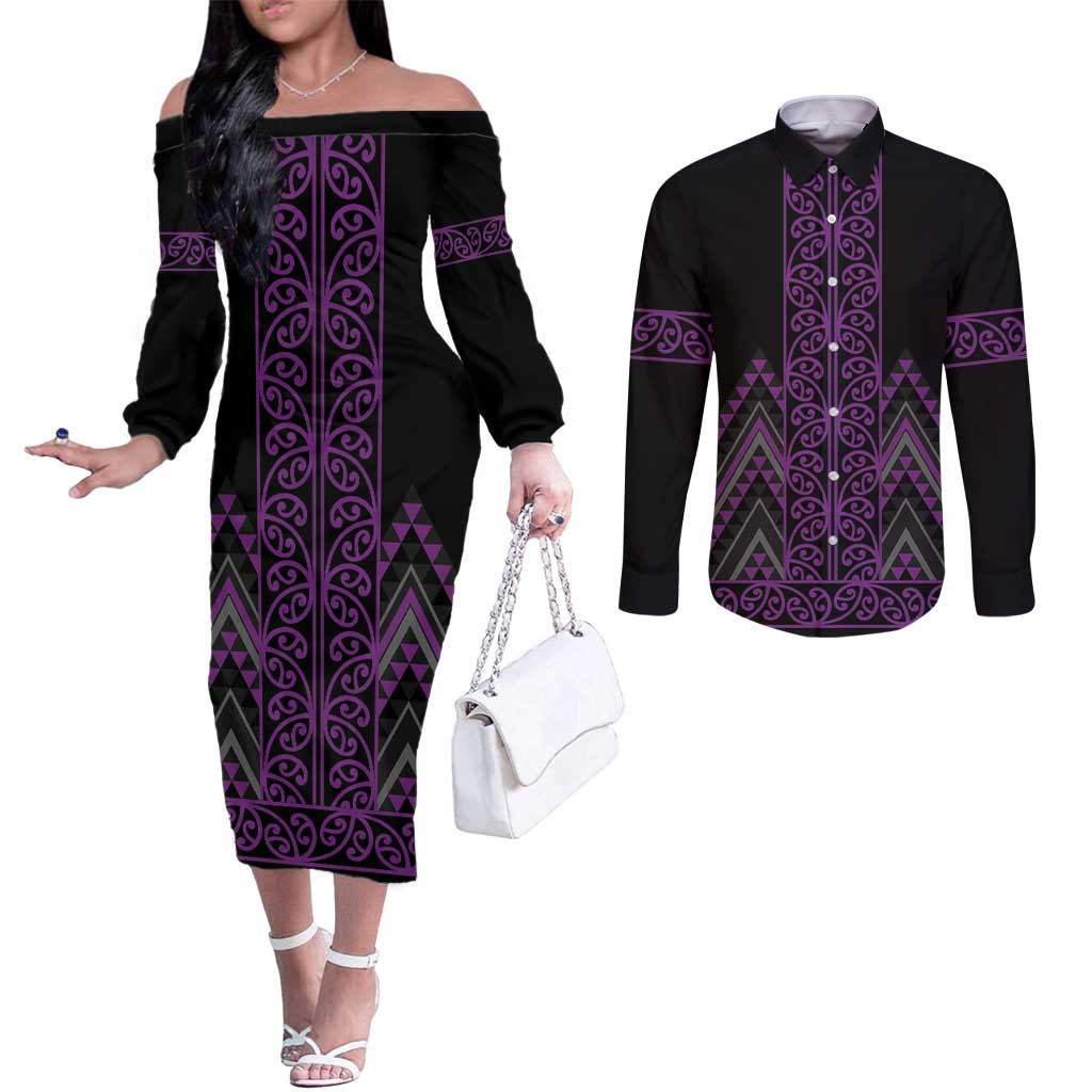 Purple Aotearoa Mangopare Kowhaiwhai and Niho Taniwha Couples Matching Off The Shoulder Long Sleeve Dress and Long Sleeve Button Shirt Maori New Zealand LT14 Purple - Polynesian Pride