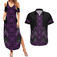 Purple Aotearoa Mangopare Kowhaiwhai and Niho Taniwha Couples Matching Summer Maxi Dress and Hawaiian Shirt Maori New Zealand LT14 Purple - Polynesian Pride