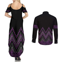 Purple Aotearoa Mangopare Kowhaiwhai and Niho Taniwha Couples Matching Summer Maxi Dress and Long Sleeve Button Shirt Maori New Zealand LT14 - Polynesian Pride