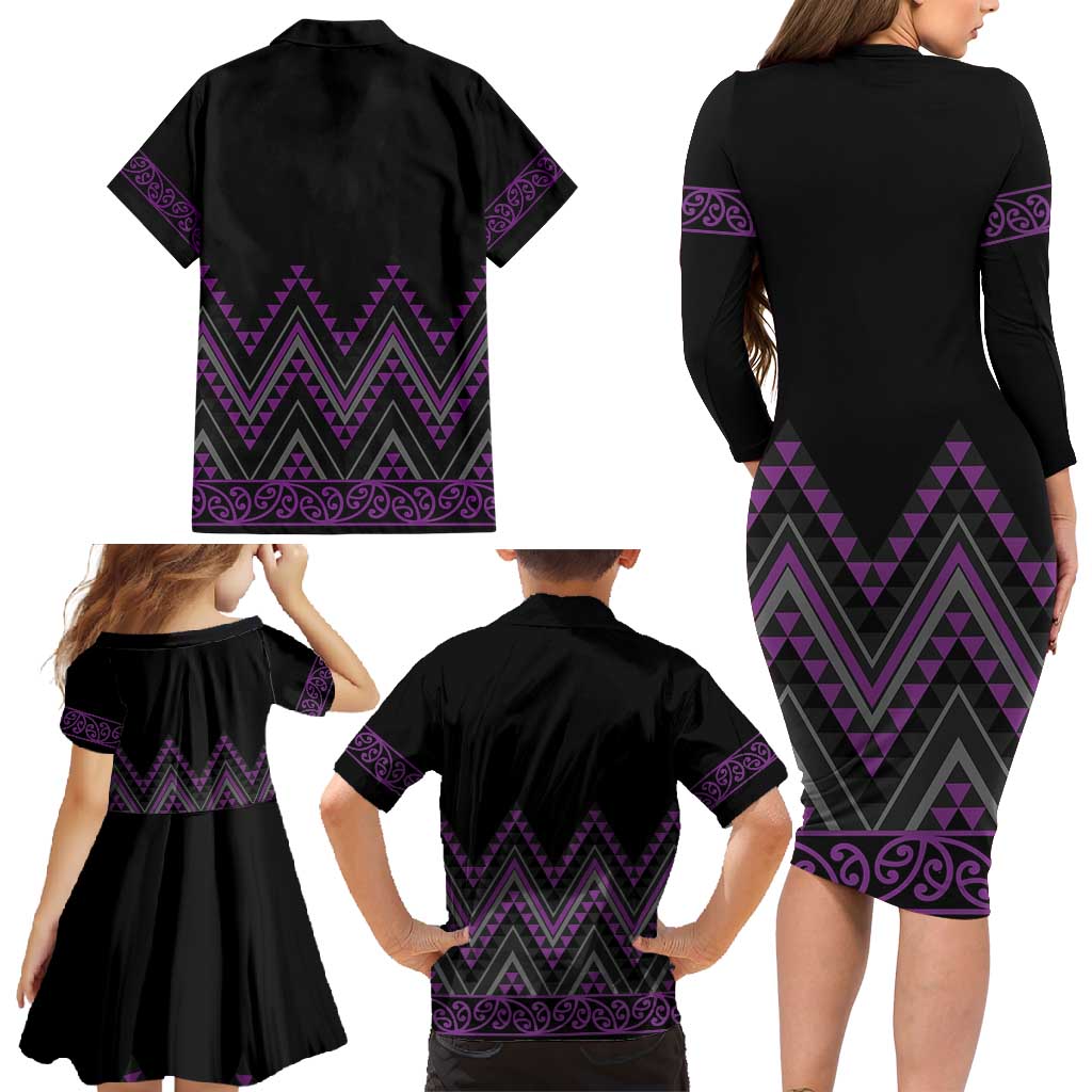 Purple Aotearoa Mangopare Kowhaiwhai and Niho Taniwha Family Matching Long Sleeve Bodycon Dress and Hawaiian Shirt Maori New Zealand LT14 - Polynesian Pride