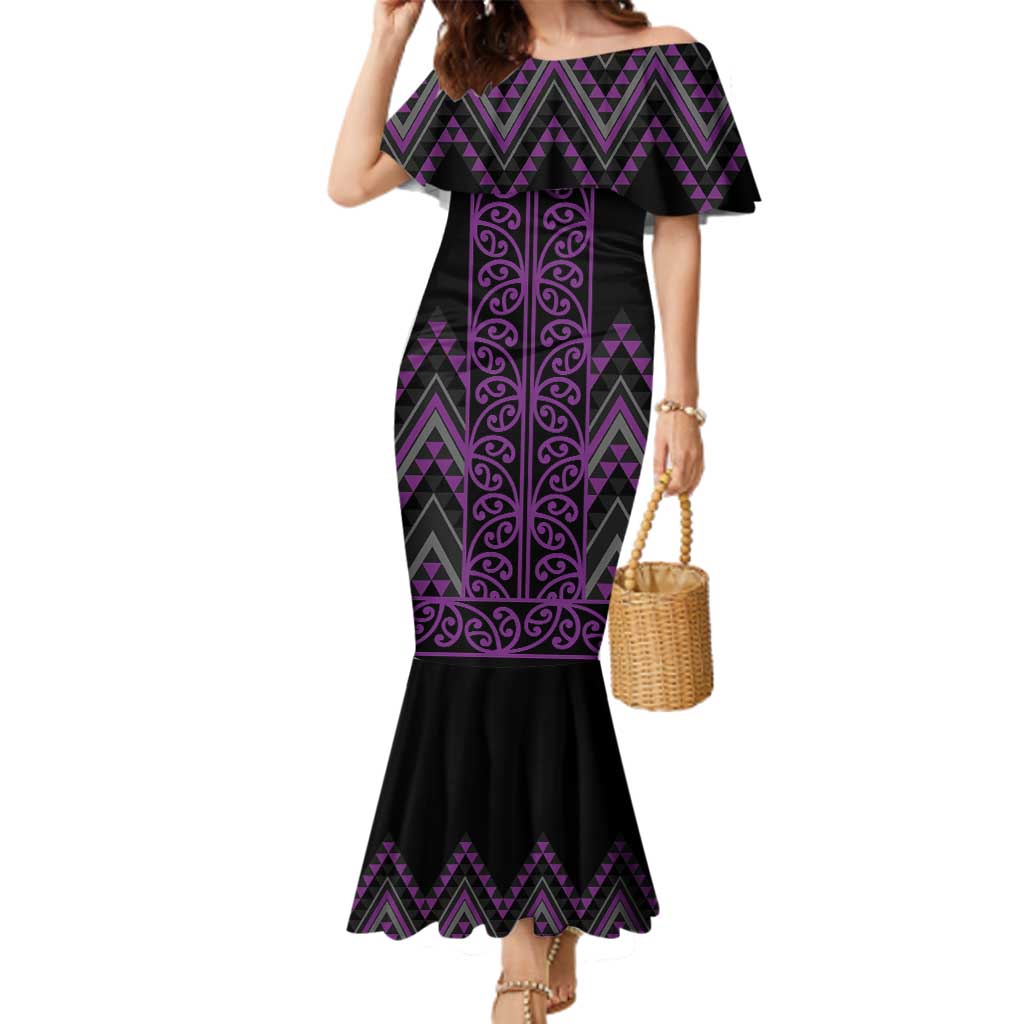 Purple Aotearoa Mangopare Kowhaiwhai and Niho Taniwha Family Matching Mermaid Dress and Hawaiian Shirt Maori New Zealand LT14 Mom's Dress Purple - Polynesian Pride