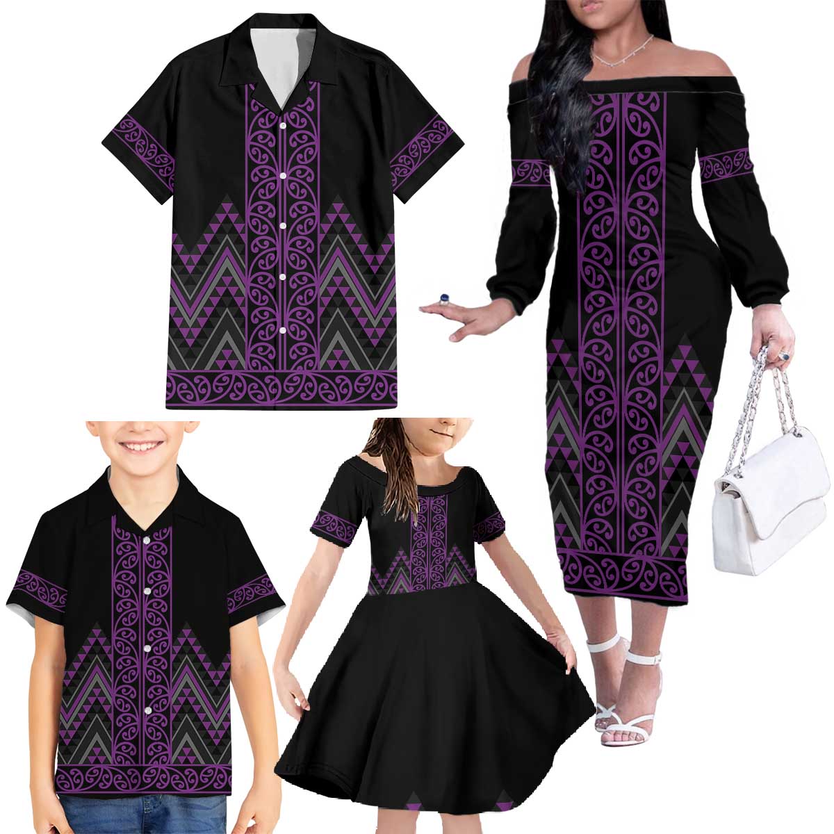 Purple Aotearoa Mangopare Kowhaiwhai and Niho Taniwha Family Matching Off The Shoulder Long Sleeve Dress and Hawaiian Shirt Maori New Zealand LT14 - Polynesian Pride