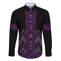 Purple Aotearoa Mangopare Kowhaiwhai and Niho Taniwha Family Matching Off The Shoulder Long Sleeve Dress and Hawaiian Shirt Maori New Zealand LT14 Dad's Shirt - Long Sleeve Purple - Polynesian Pride