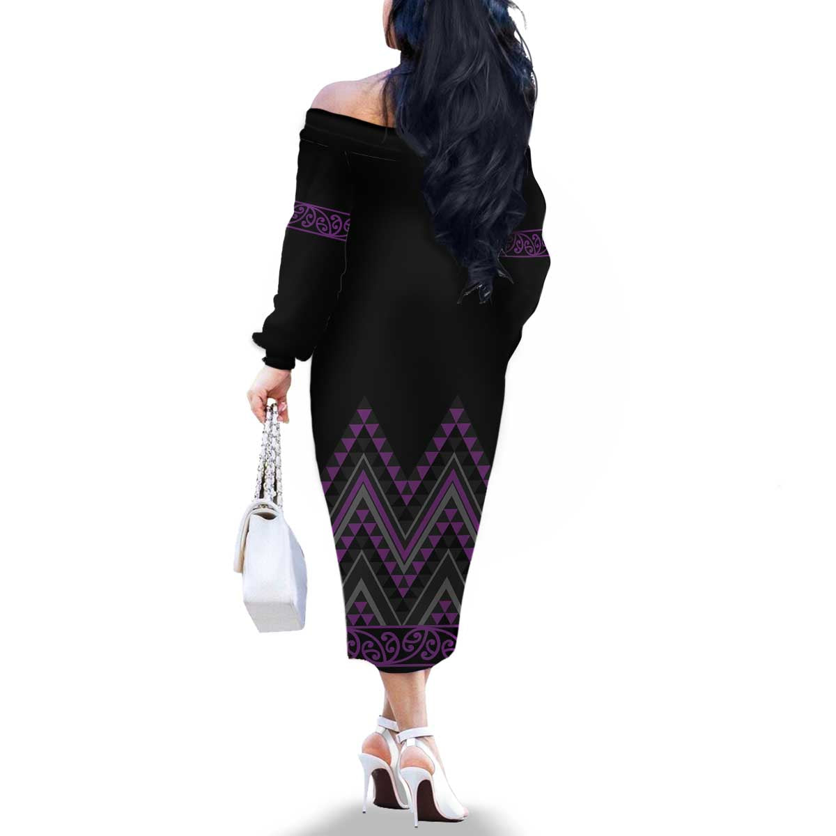 Purple Aotearoa Mangopare Kowhaiwhai and Niho Taniwha Family Matching Off The Shoulder Long Sleeve Dress and Hawaiian Shirt Maori New Zealand LT14 - Polynesian Pride