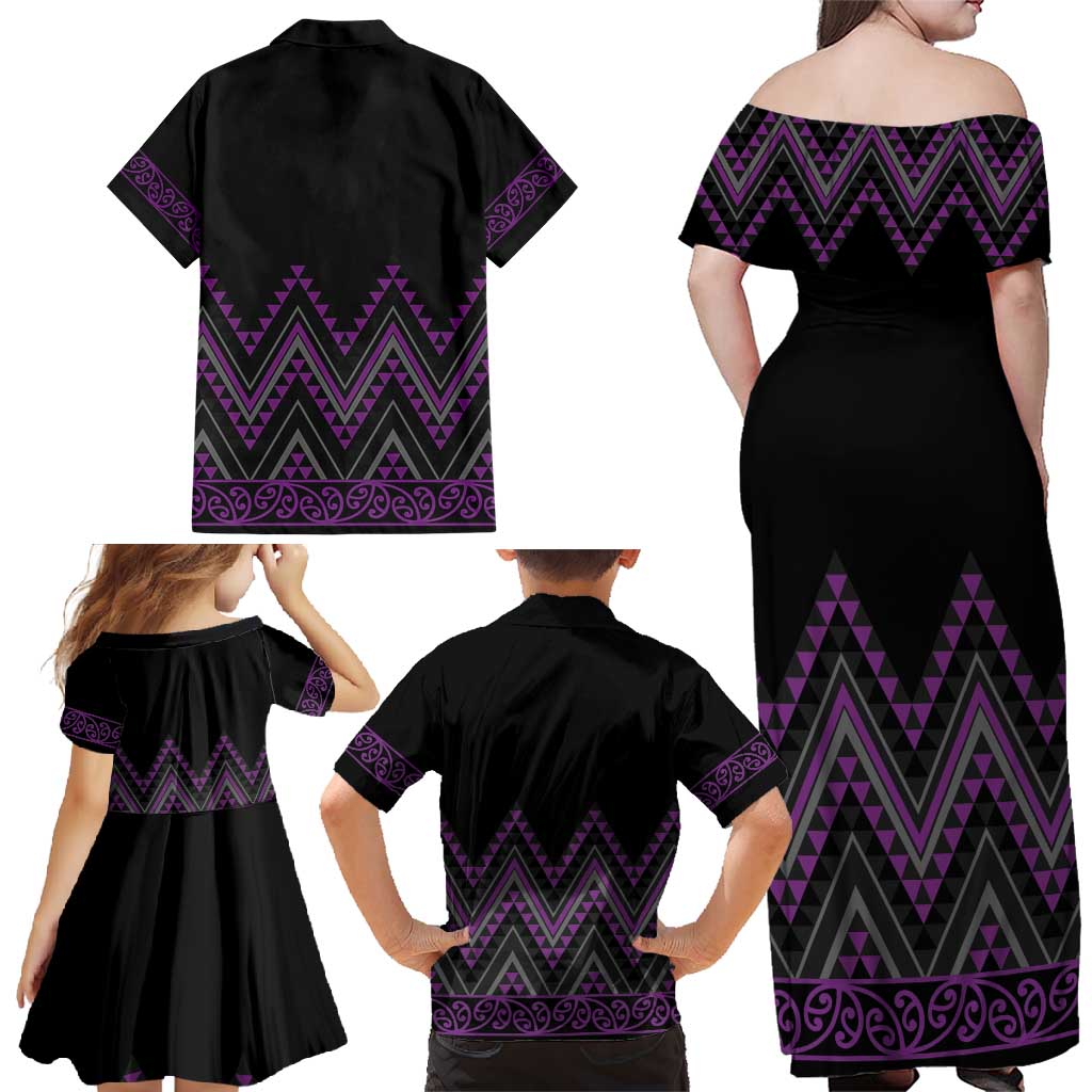 Purple Aotearoa Mangopare Kowhaiwhai and Niho Taniwha Family Matching Off Shoulder Maxi Dress and Hawaiian Shirt Maori New Zealand LT14 - Polynesian Pride