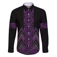 Purple Aotearoa Mangopare Kowhaiwhai and Niho Taniwha Family Matching Off Shoulder Maxi Dress and Hawaiian Shirt Maori New Zealand LT14 Dad's Shirt - Long Sleeve Purple - Polynesian Pride