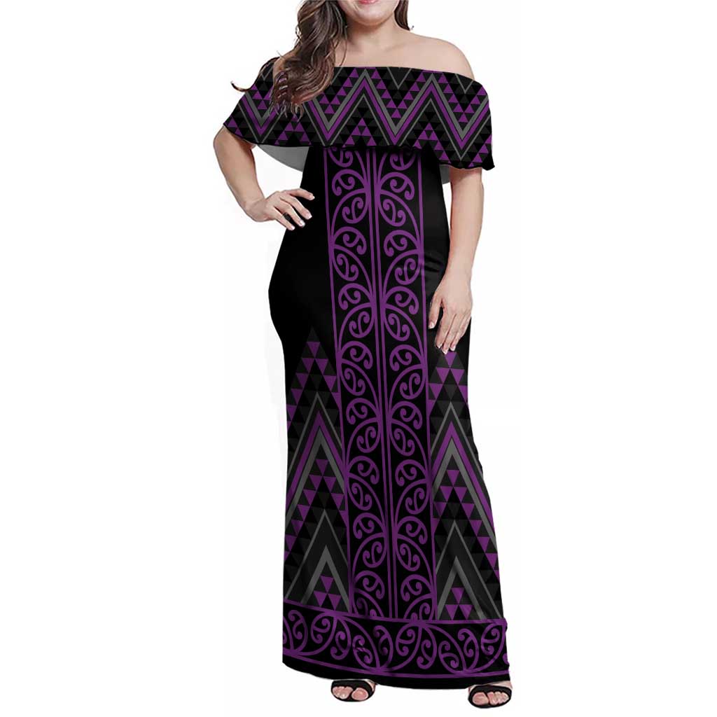 Purple Aotearoa Mangopare Kowhaiwhai and Niho Taniwha Family Matching Off Shoulder Maxi Dress and Hawaiian Shirt Maori New Zealand LT14 Mom's Dress Purple - Polynesian Pride