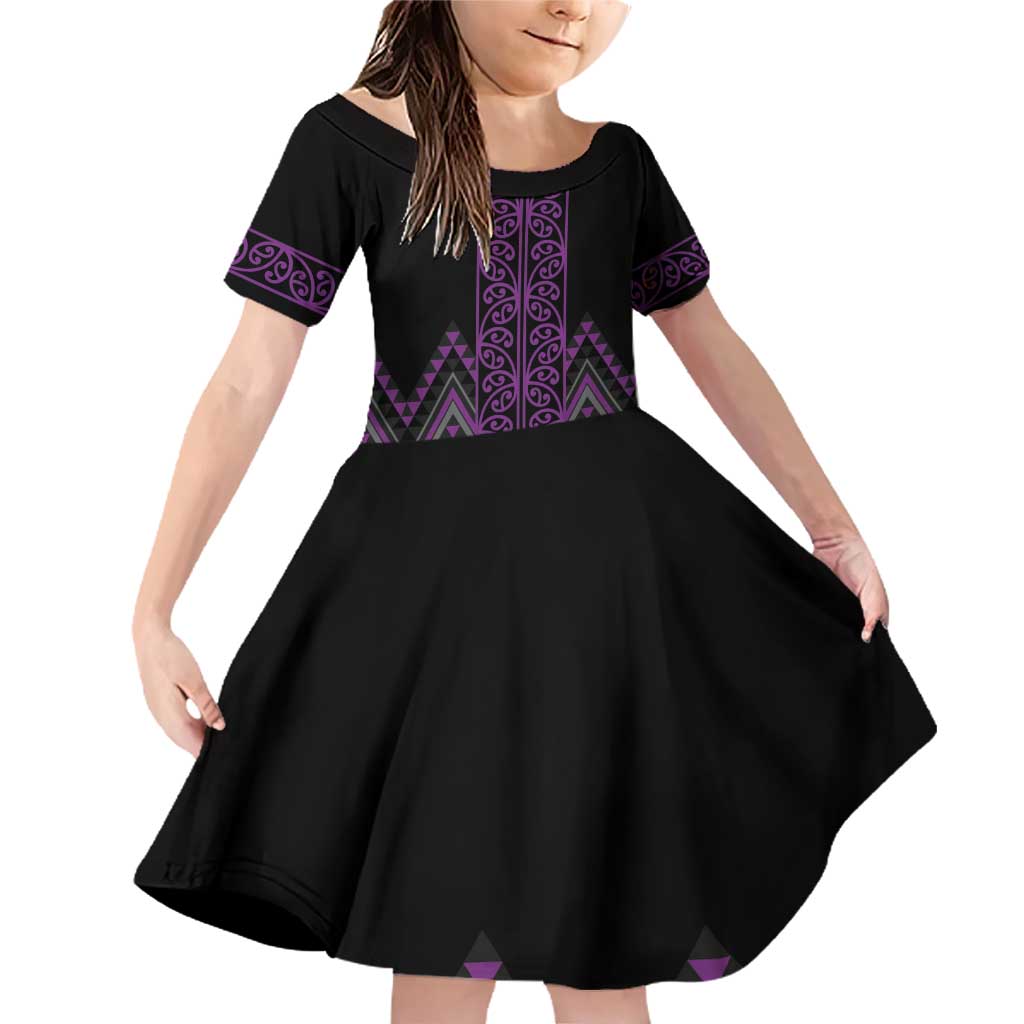 Purple Aotearoa Mangopare Kowhaiwhai and Niho Taniwha Family Matching Off Shoulder Short Dress and Hawaiian Shirt Maori New Zealand LT14 Daughter's Dress Purple - Polynesian Pride