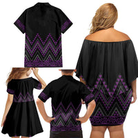 Purple Aotearoa Mangopare Kowhaiwhai and Niho Taniwha Family Matching Off Shoulder Short Dress and Hawaiian Shirt Maori New Zealand LT14 - Polynesian Pride