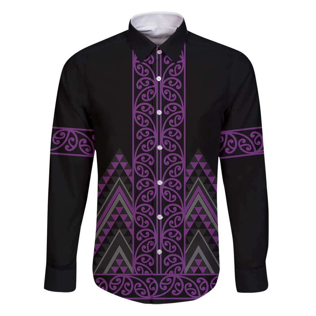 Purple Aotearoa Mangopare Kowhaiwhai and Niho Taniwha Family Matching Puletasi and Hawaiian Shirt Maori New Zealand LT14 Dad's Shirt - Long Sleeve Purple - Polynesian Pride