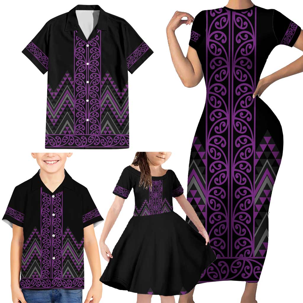 Purple Aotearoa Mangopare Kowhaiwhai and Niho Taniwha Family Matching Short Sleeve Bodycon Dress and Hawaiian Shirt Maori New Zealand LT14 - Polynesian Pride