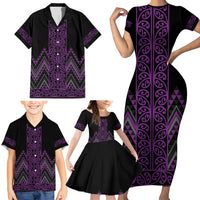 Purple Aotearoa Mangopare Kowhaiwhai and Niho Taniwha Family Matching Short Sleeve Bodycon Dress and Hawaiian Shirt Maori New Zealand LT14 - Polynesian Pride