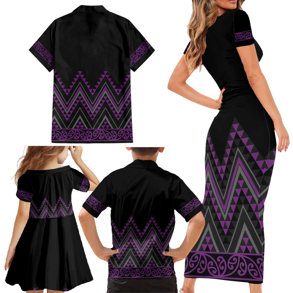 Purple Aotearoa Mangopare Kowhaiwhai and Niho Taniwha Family Matching Short Sleeve Bodycon Dress and Hawaiian Shirt Maori New Zealand LT14 - Polynesian Pride
