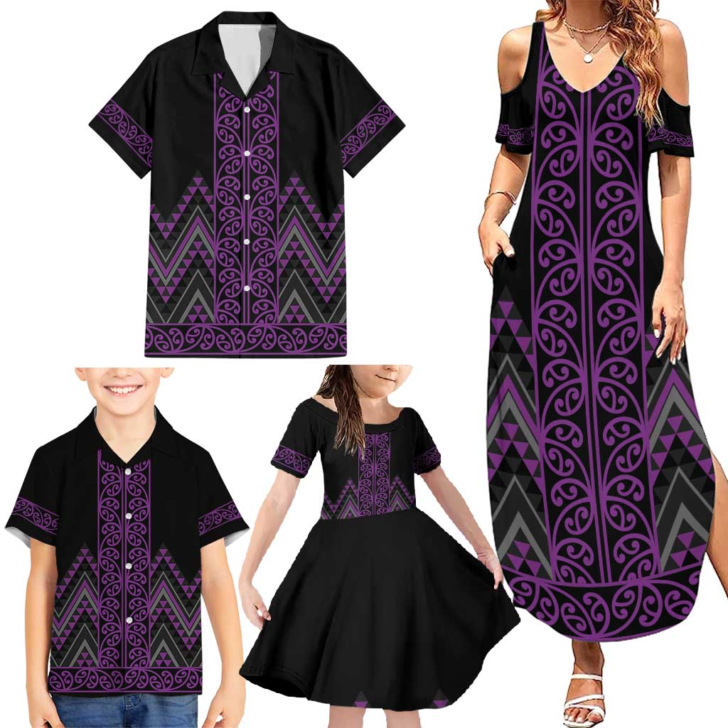 Purple Aotearoa Mangopare Kowhaiwhai and Niho Taniwha Family Matching Summer Maxi Dress and Hawaiian Shirt Maori New Zealand LT14 - Polynesian Pride