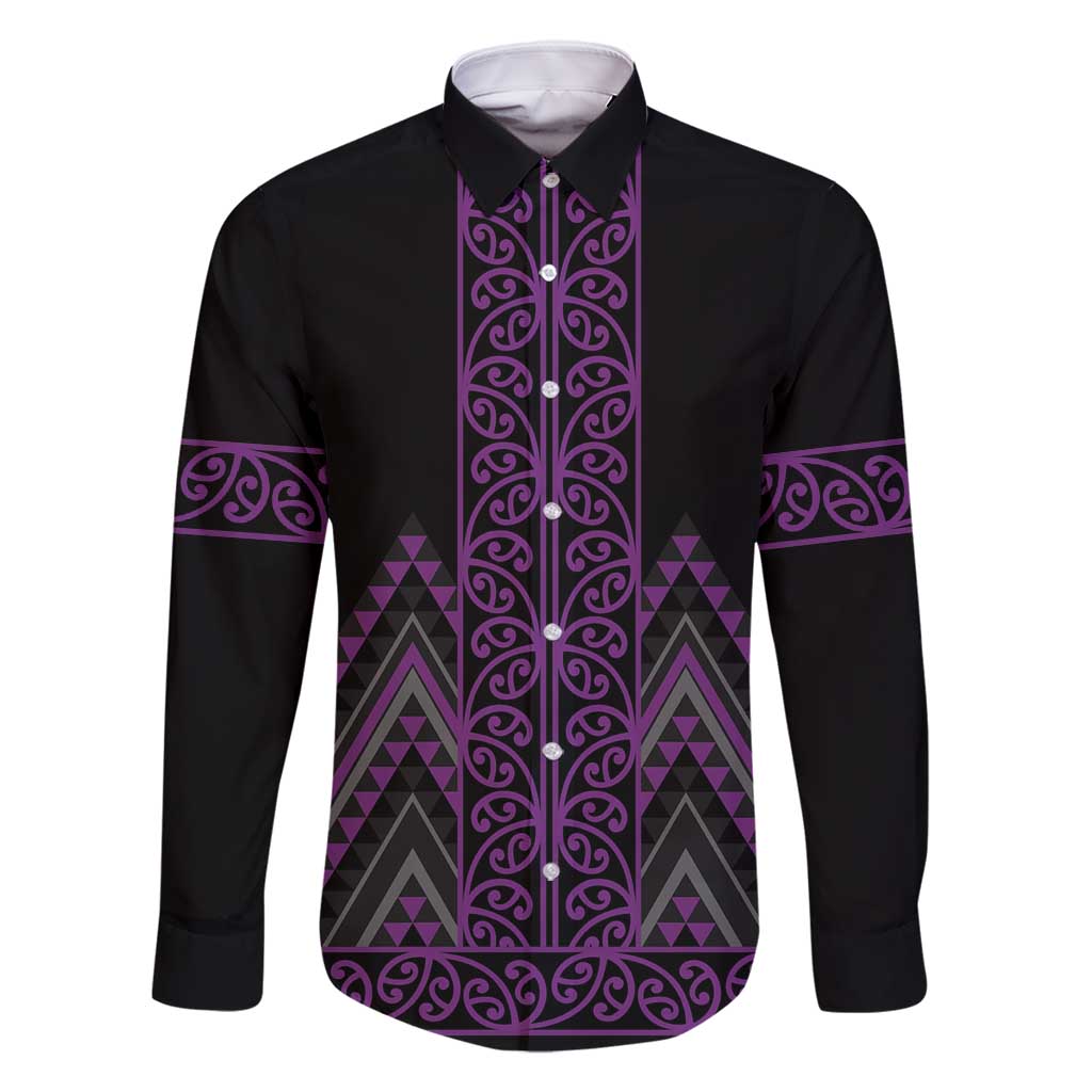 Purple Aotearoa Mangopare Kowhaiwhai and Niho Taniwha Family Matching Tank Maxi Dress and Hawaiian Shirt Maori New Zealand LT14 Dad's Shirt - Long Sleeve Purple - Polynesian Pride
