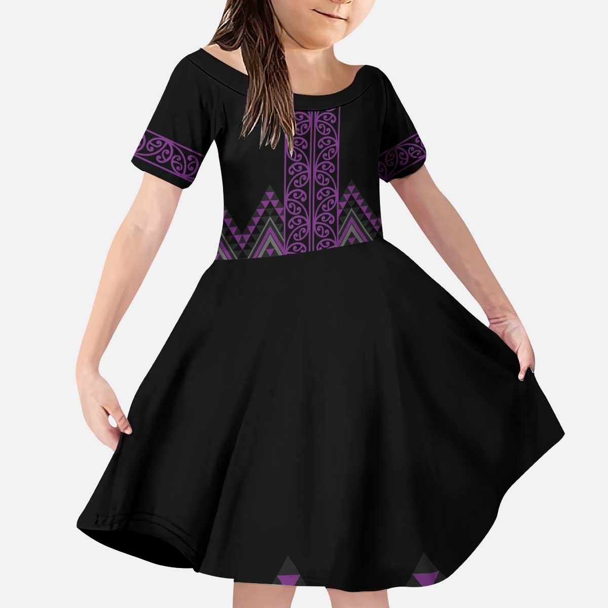 Purple Aotearoa Mangopare Kowhaiwhai and Niho Taniwha Kid Short Sleeve Dress Maori New Zealand LT14 KID Purple - Polynesian Pride