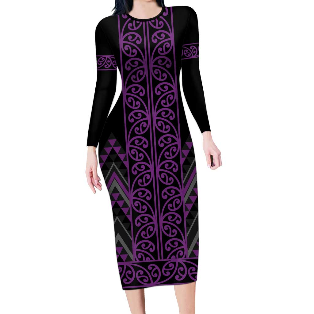 Purple Aotearoa Mangopare Kowhaiwhai and Niho Taniwha Long Sleeve Bodycon Dress Maori New Zealand LT14 Long Dress Purple - Polynesian Pride