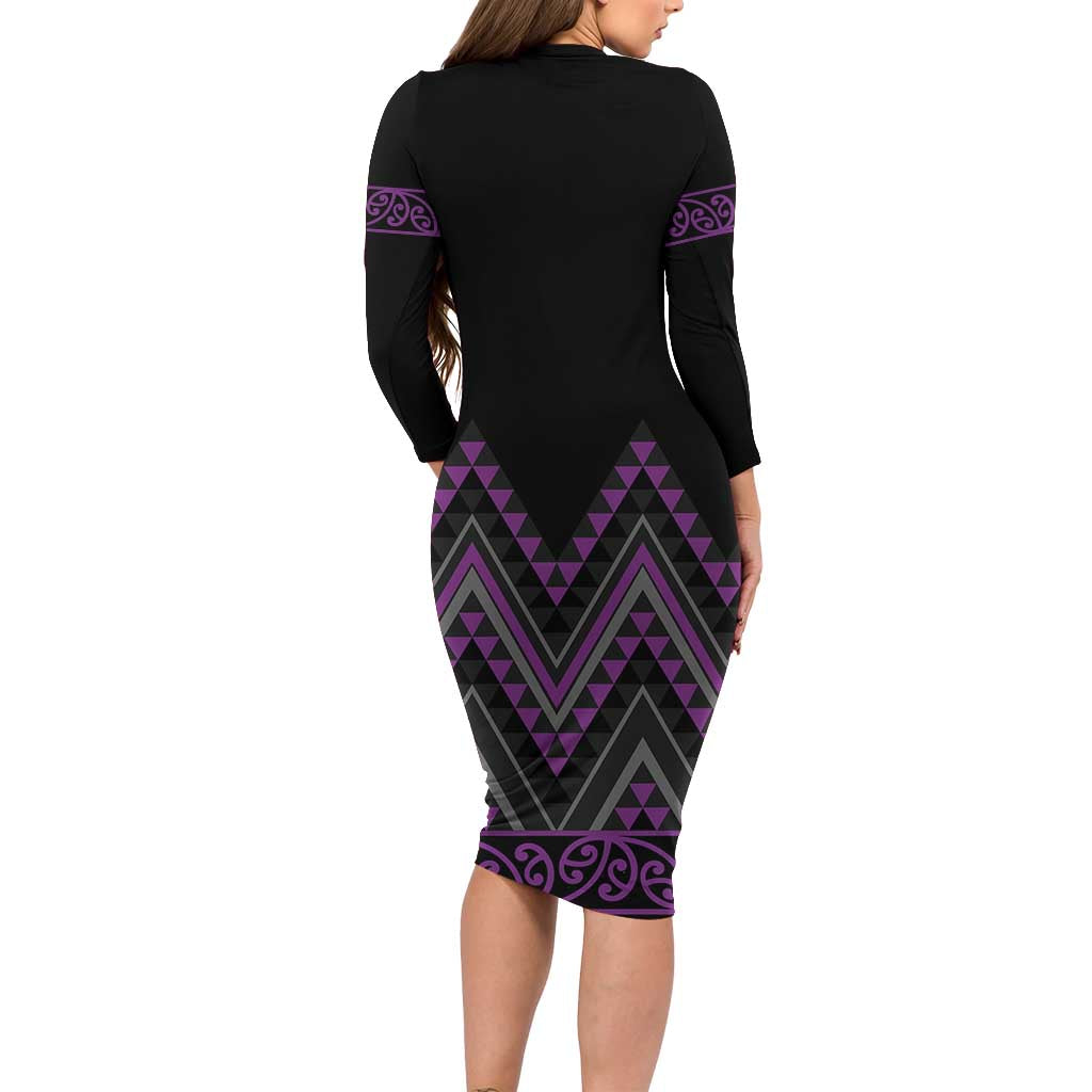 Purple Aotearoa Mangopare Kowhaiwhai and Niho Taniwha Long Sleeve Bodycon Dress Maori New Zealand LT14 - Polynesian Pride
