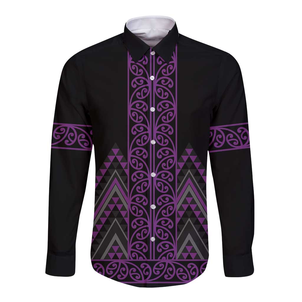 Purple Aotearoa Mangopare Kowhaiwhai and Niho Taniwha Long Sleeve Button Shirt Maori New Zealand LT14 Unisex Purple - Polynesian Pride