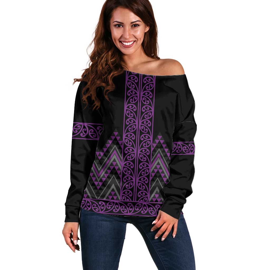 Purple Aotearoa Mangopare Kowhaiwhai and Niho Taniwha Off Shoulder Sweater Maori New Zealand