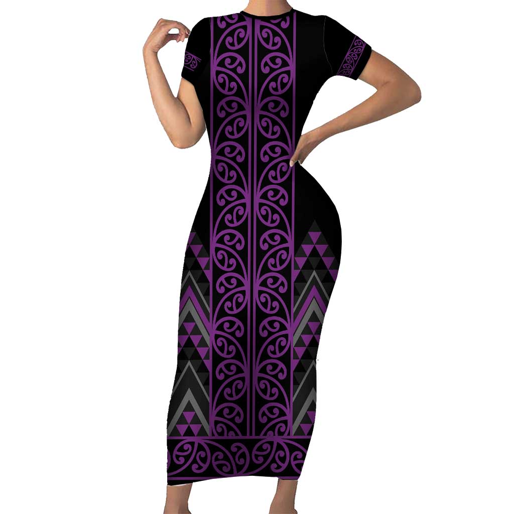 Purple Aotearoa Mangopare Kowhaiwhai and Niho Taniwha Short Sleeve Bodycon Dress Maori New Zealand LT14 Long Dress Purple - Polynesian Pride