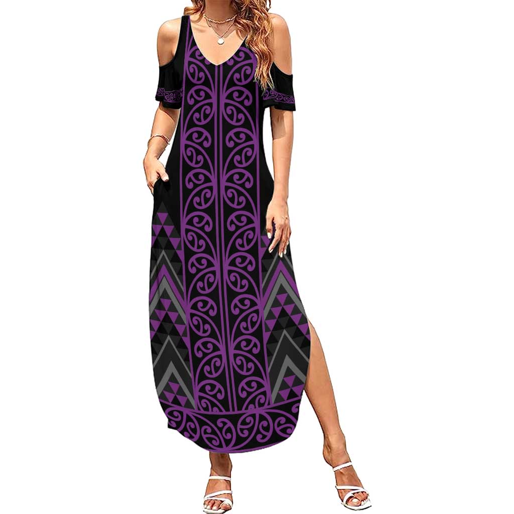 Purple Aotearoa Mangopare Kowhaiwhai and Niho Taniwha Summer Maxi Dress Maori New Zealand
