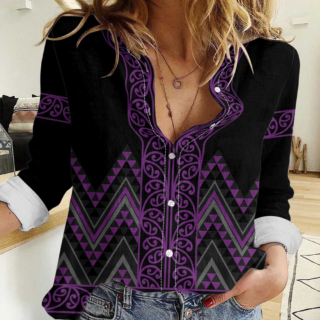 Purple Aotearoa Mangopare Kowhaiwhai and Niho Taniwha Women Casual Shirt Maori New Zealand LT14 Female Purple - Polynesian Pride