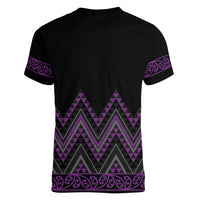 Purple Aotearoa Mangopare Kowhaiwhai and Niho Taniwha Women V-Neck T-Shirt Maori New Zealand