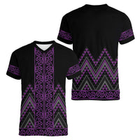 Purple Aotearoa Mangopare Kowhaiwhai and Niho Taniwha Women V-Neck T-Shirt Maori New Zealand