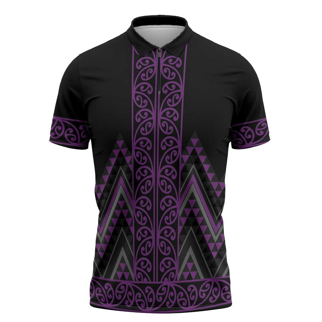 Purple Aotearoa Mangopare Kowhaiwhai Niho Taniwha Zipper Polo Shirt Maori New Zealand LT14 Purple - Polynesian Pride
