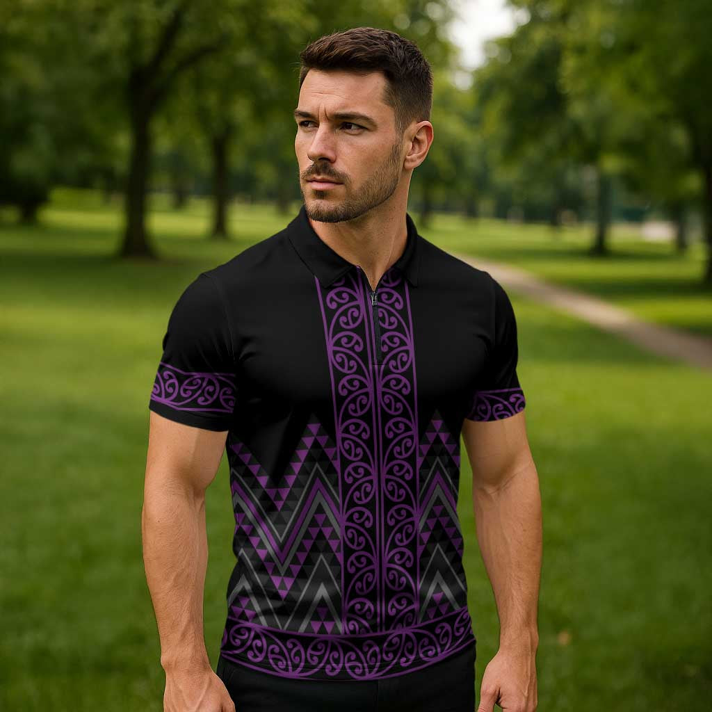 Purple Aotearoa Mangopare Kowhaiwhai Niho Taniwha Zipper Polo Shirt Maori New Zealand LT14 - Polynesian Pride