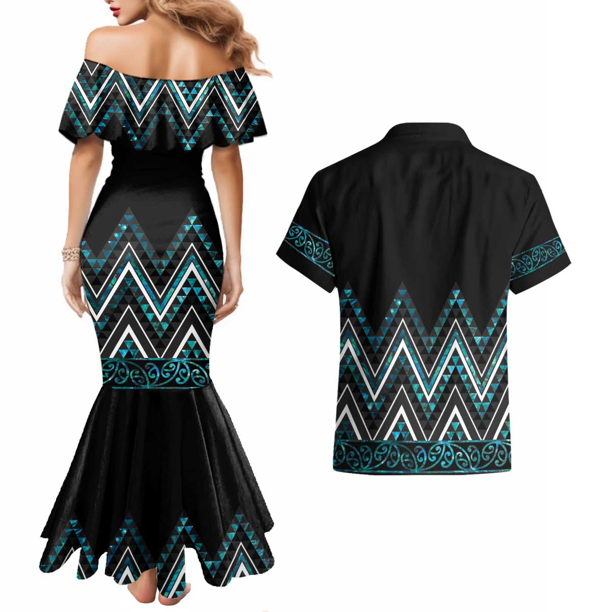 Paua Shell Aotearoa Mangopare Kowhaiwhai and Niho Taniwha Couples Matching Mermaid Dress and Hawaiian Shirt Maori New Zealand LT14 - Polynesian Pride