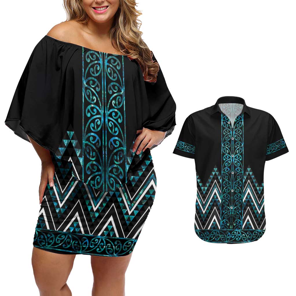 Paua Shell Aotearoa Mangopare Kowhaiwhai and Niho Taniwha Couples Matching Off Shoulder Short Dress and Hawaiian Shirt Maori New Zealand