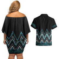 Paua Shell Aotearoa Mangopare Kowhaiwhai and Niho Taniwha Couples Matching Off Shoulder Short Dress and Hawaiian Shirt Maori New Zealand LT14 - Polynesian Pride