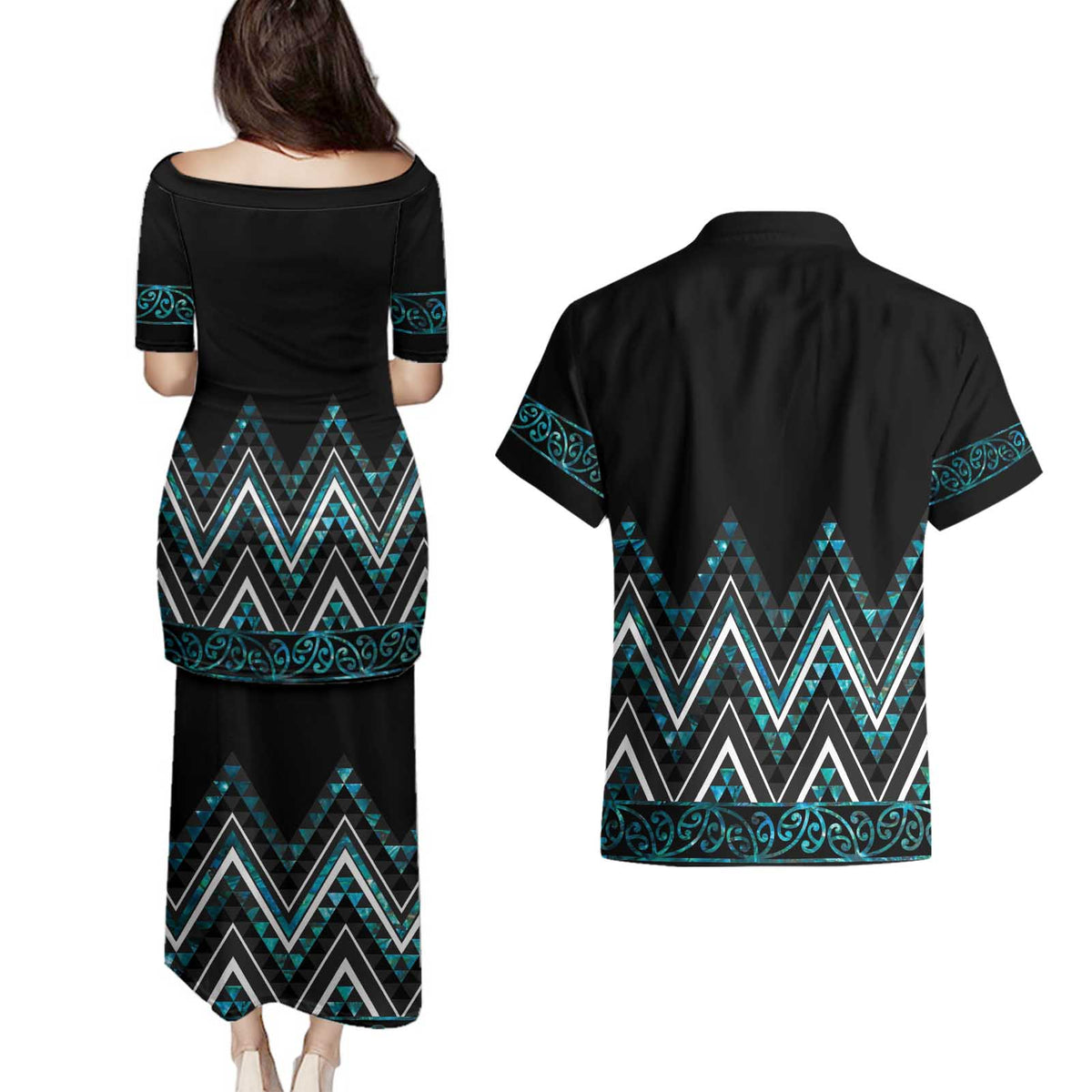 Paua Shell Aotearoa Mangopare Kowhaiwhai and Niho Taniwha Couples Matching Puletasi and Hawaiian Shirt Maori New Zealand LT14 - Polynesian Pride