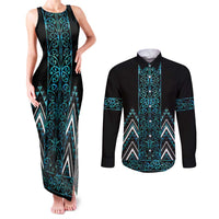 Paua Shell Aotearoa Mangopare Kowhaiwhai and Niho Taniwha Couples Matching Tank Maxi Dress and Long Sleeve Button Shirt Maori New Zealand LT14 Turquoise - Polynesian Pride
