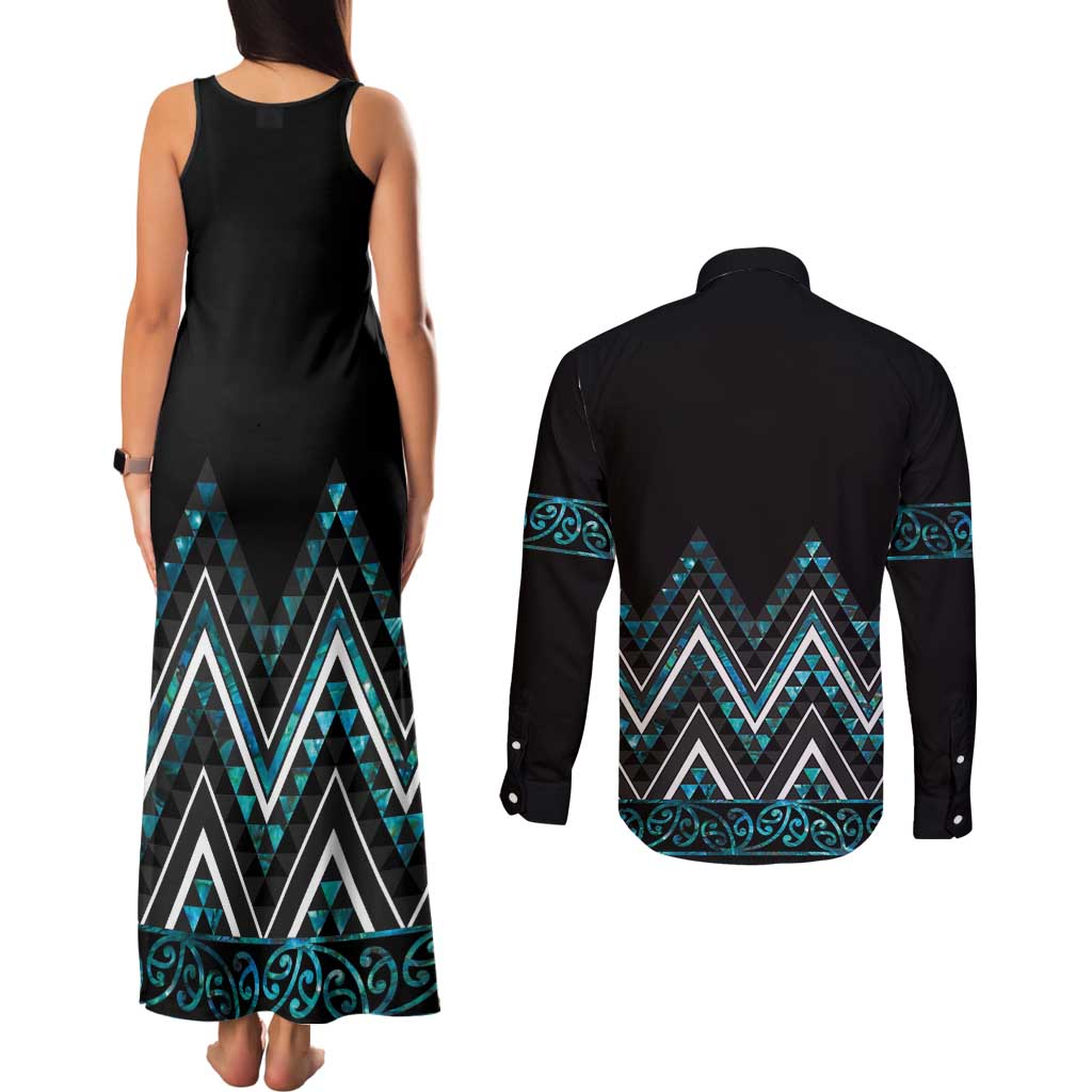 Paua Shell Aotearoa Mangopare Kowhaiwhai and Niho Taniwha Couples Matching Tank Maxi Dress and Long Sleeve Button Shirt Maori New Zealand LT14 - Polynesian Pride