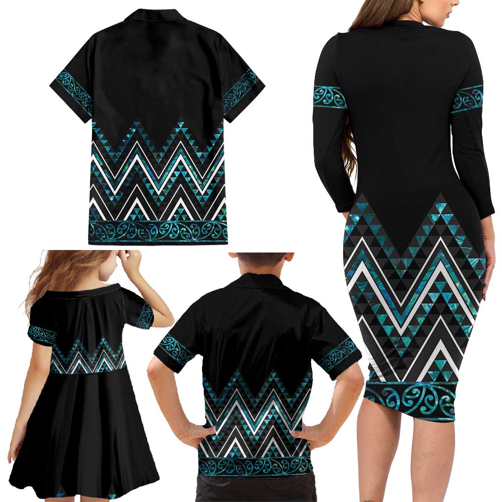 Paua Shell Aotearoa Mangopare Kowhaiwhai and Niho Taniwha Family Matching Long Sleeve Bodycon Dress and Hawaiian Shirt Maori New Zealand LT14 - Polynesian Pride