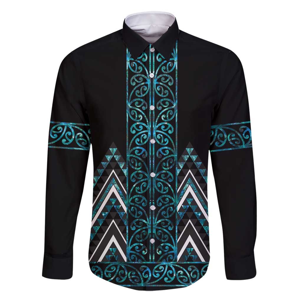 Paua Shell Aotearoa Mangopare Kowhaiwhai and Niho Taniwha Family Matching Long Sleeve Bodycon Dress and Hawaiian Shirt Maori New Zealand LT14 Dad's Shirt - Long Sleeve Turquoise - Polynesian Pride