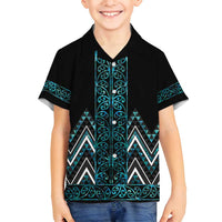 Paua Shell Aotearoa Mangopare Kowhaiwhai and Niho Taniwha Family Matching Long Sleeve Bodycon Dress and Hawaiian Shirt Maori New Zealand LT14 Son's Shirt Turquoise - Polynesian Pride