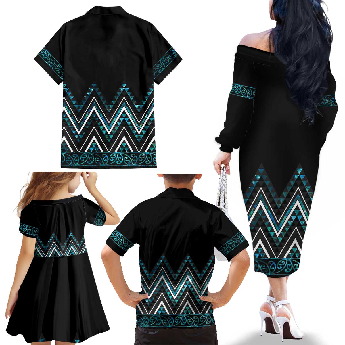 Paua Shell Aotearoa Mangopare Kowhaiwhai and Niho Taniwha Family Matching Off The Shoulder Long Sleeve Dress and Hawaiian Shirt Maori New Zealand LT14 - Polynesian Pride