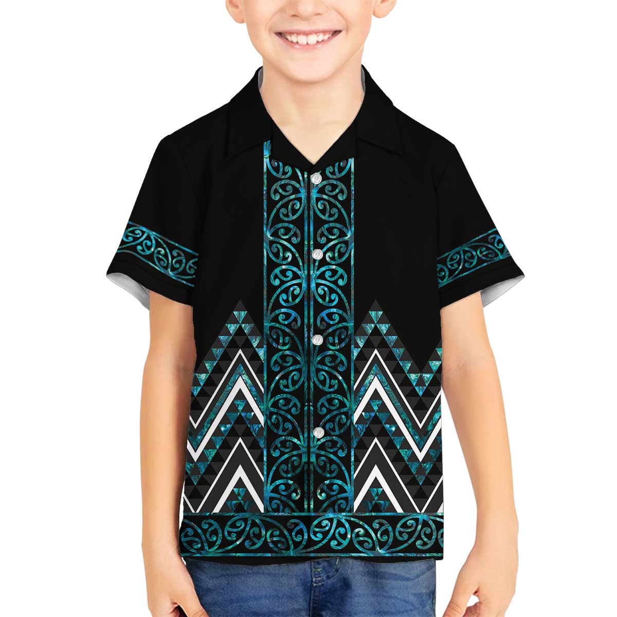 Paua Shell Aotearoa Mangopare Kowhaiwhai and Niho Taniwha Family Matching Off The Shoulder Long Sleeve Dress and Hawaiian Shirt Maori New Zealand LT14 Son's Shirt Turquoise - Polynesian Pride