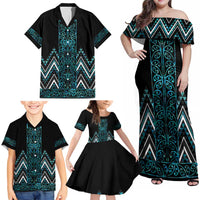 Paua Shell Aotearoa Mangopare Kowhaiwhai and Niho Taniwha Family Matching Off Shoulder Maxi Dress and Hawaiian Shirt Maori New Zealand LT14 - Polynesian Pride